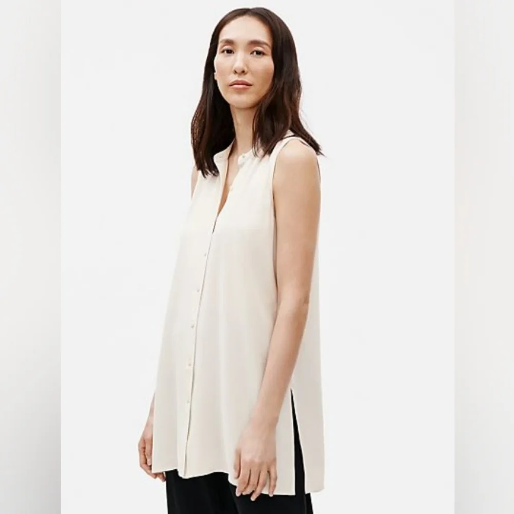 NWT EILEEN FISHER The System Bone Ecru Silk Crepe Button Up Sleeveless B… - Picture 7 of 10